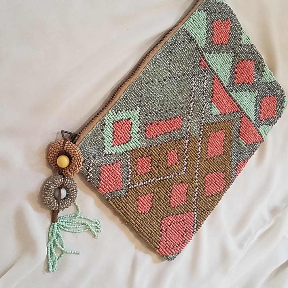 Anthropologie Mint Green and Pink Beaded Clutch